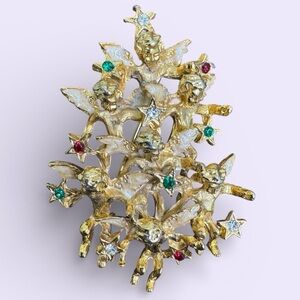 Cherub Christmas Tree Brooch in Gold Tone
